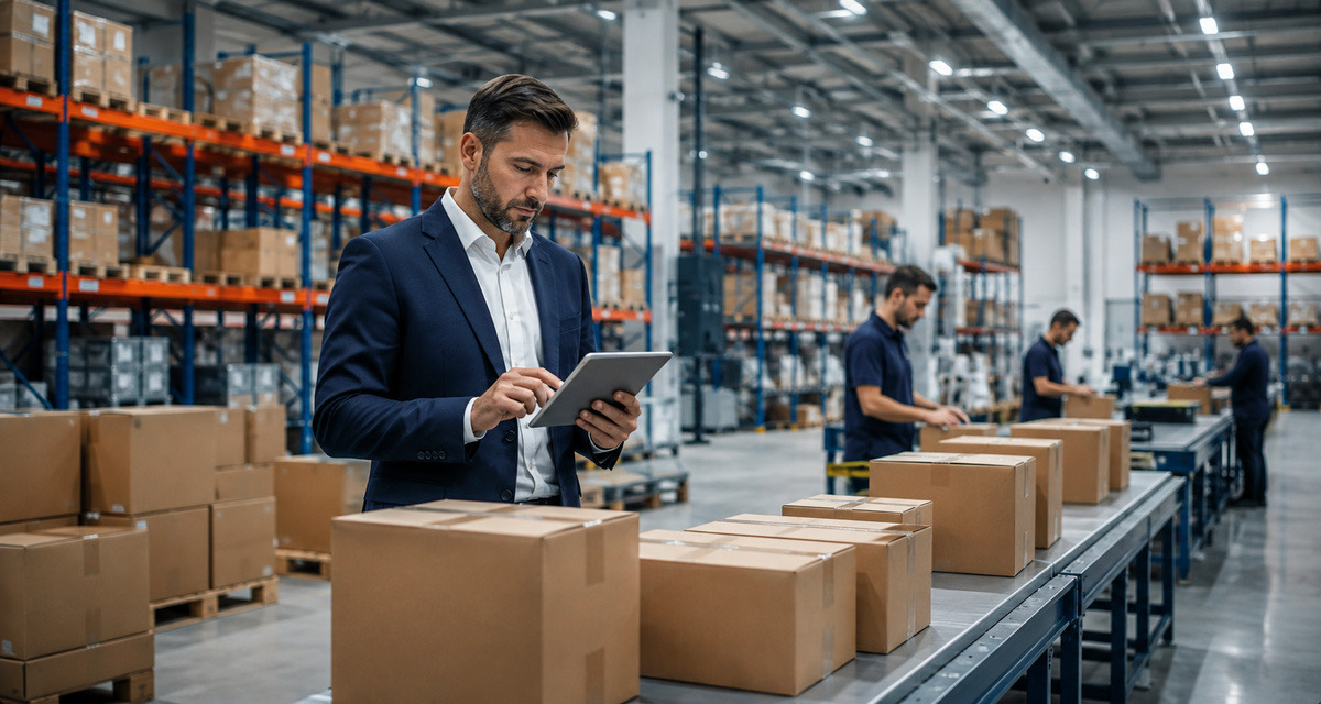 Fulfillment merkezinde paketleme istasyonu ve depo rafları